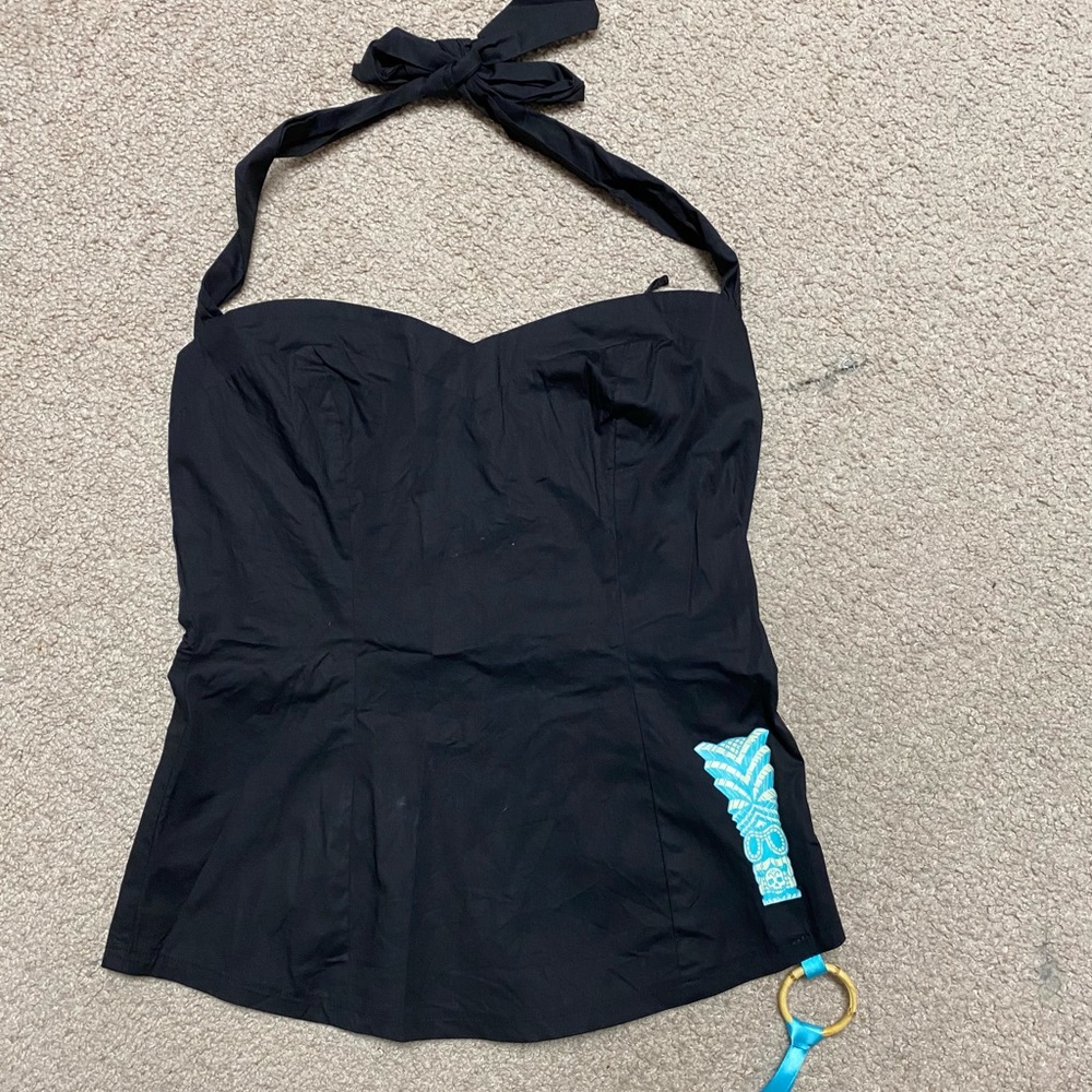 Lucky 13 Vintage Pinup Bombshell Style Tiki Sweetheart Black Halter Top M